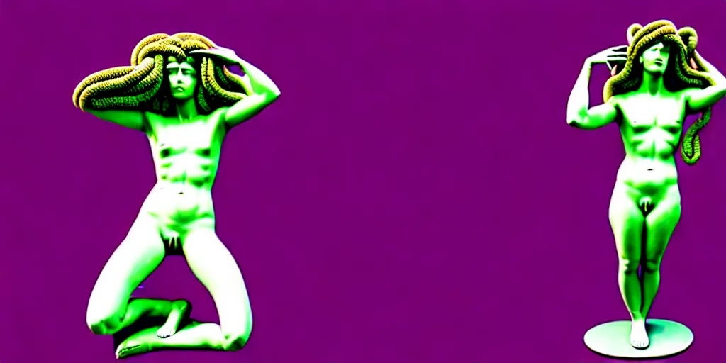 Image similar to modern sculpture, young woman as medusa, multiple poses, androgynous, vaporwave, vhs still