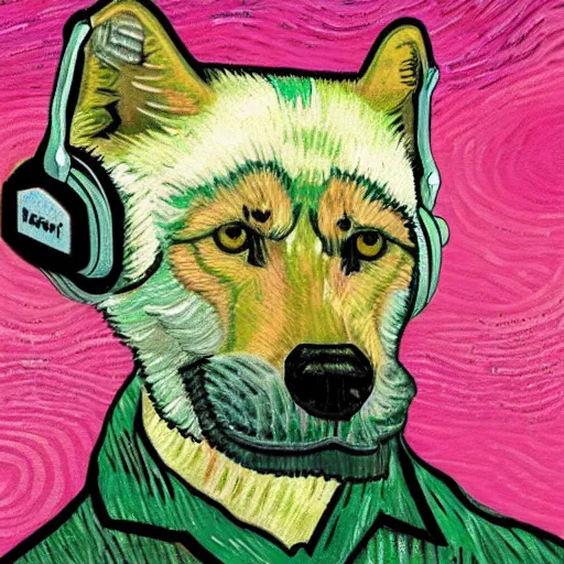 Prompt: retarded wolf portrait, van gogh style, pink headphones