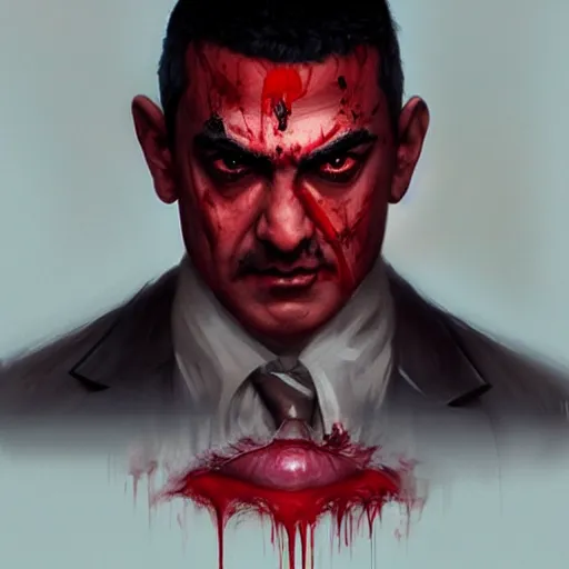 Image similar to portrait of aamir khan upper body in bloody business suit, blood red eyes, vampire fangs, fantasy, intricate, elegant, highly detailed, digital painting, artstation, concept art, matte, sharp focus, illustration, art by aenaluck and roberto ferri and greg rutkowski, epic fantasy, digital painting