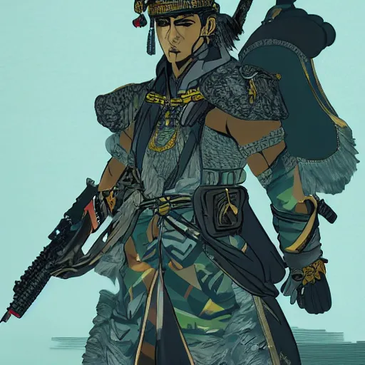 Image similar to 8K detailed illustration of an army general from the an ancient civilization indonesia in the style of Yoji Shinkawa, high resolution