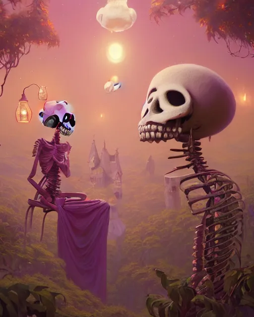 Image similar to highly detailed surreal vfx portrait of a happy skeletons in a fairytale world, stephen bliss, unreal engine, greg rutkowski, loish, rhads, beeple, makoto shinkai and lois van baarle, ilya kuvshinov, rossdraws, tom bagshaw, alphonse mucha, global illumination, detailed and intricate environment