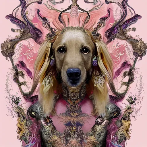 Prompt: Golden Retriever in a cosmic dress, full-body tattoos, ornate, rococo, Psychedelic, zbrush art, majestic, organics, Emil melmoth, eerie, macabre, haunting + insanely detailed and intricate, floral, faded pink, hypermaximalist, elegant, vintage, hyper realistic, super detailed, pastel color, 8K,