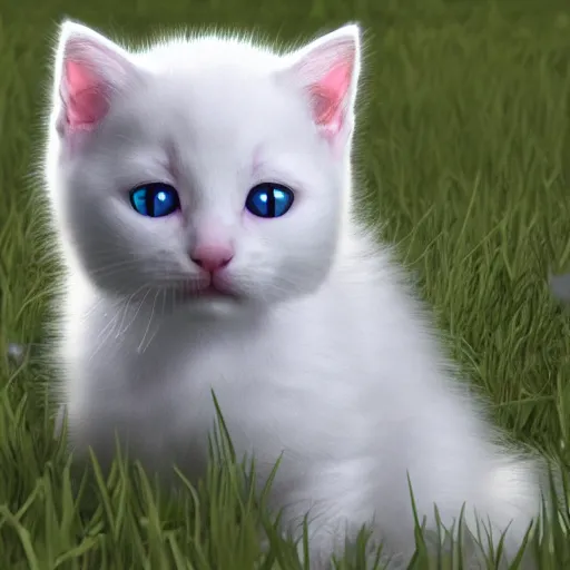 Prompt: white kitten in a field, unreal engine, detailed