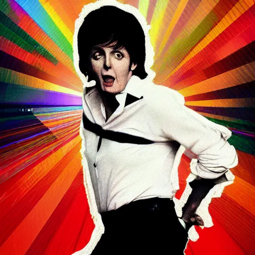 Prompt: paul mccartney!!! dancing on a still of michael jackson thriller music video, 8 0 s music video, mtv, vhs filter