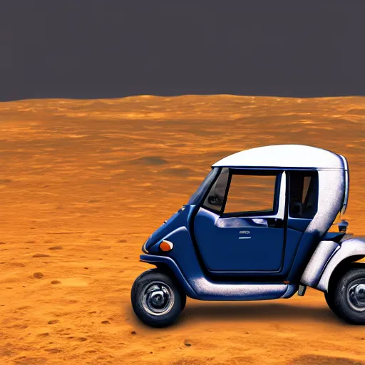 Prompt: a dark blue bajaj tuk tuk traveling on the surface of the moon, moon craters, night sky, milky way, hard lighting, matte painting, concept art, 4k