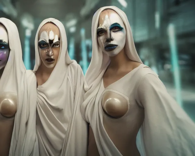 Prompt: a film still of three synthetic female human oracles wrapped in white cloth, beautiful, facepaint, neotokyo, cinematic lighting, high resolution, 4 k