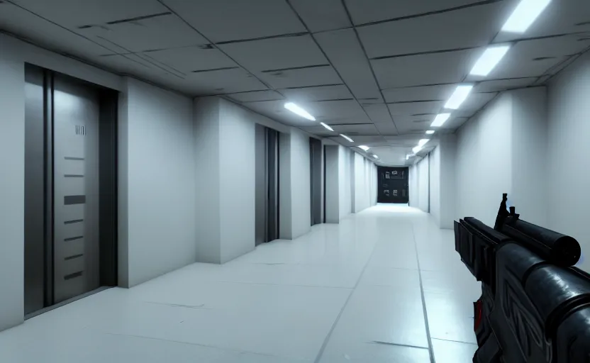 Prompt: screenshot of a first person shooter game on unreal engine 5, narrow modern hallways of a government office facility with white dry wall, photorealistic, retrofuturism, concept art, trending on artstation