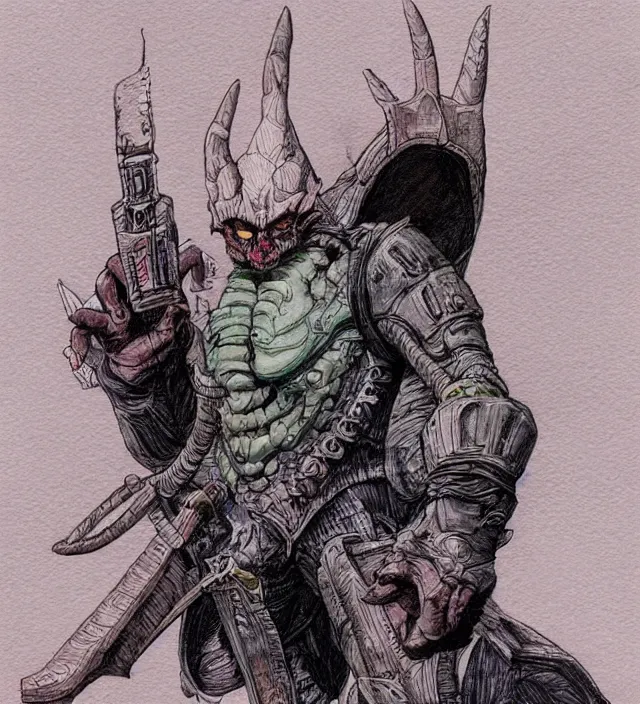 Image similar to a 3 / 4 view watercolor ink painting of human / deathclaw hybrid as a raider / bandit in the style of jean giraud in the style of moebius trending on artstation deviantart pinterest detailed realistic hd 8 k high resolution