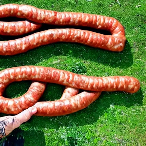 Prompt: hand made out of sausages