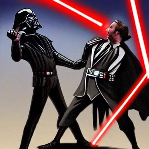 Image similar to saul goodman lightsaber duel with darth vader on the death star, highly detailed