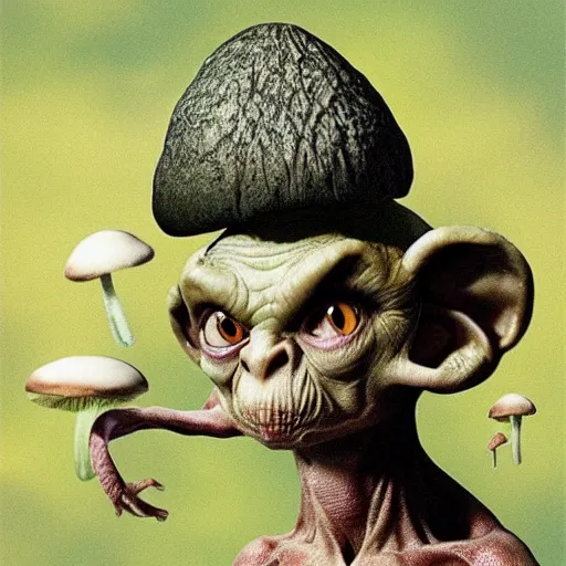 Image similar to Gollum with spores on head , mushrooms