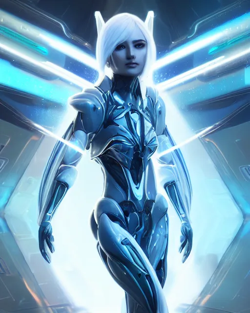 Image similar to perfect android girl on a mothership, warframe armor, beautiful face, scifi, futuristic, galaxy, nebula, raytracing, dreamy, long white hair, blue cyborg eyes, sharp focus, cinematic lighting, highly detailed, artstation, divine, by gauthier leblanc, kazuya takahashi, huifeng huang