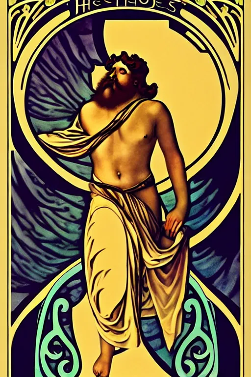 Image similar to art nouveau poster. hephaestus at the forge