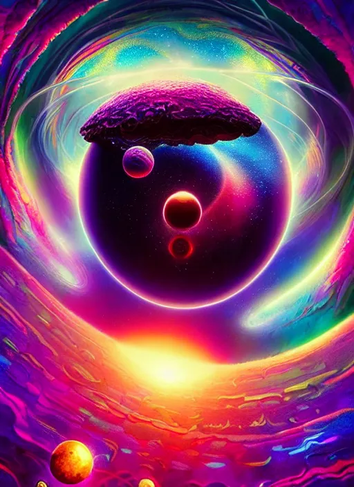 Image similar to psychedelic travelers, planets and mushrooms, psychedelic blackhole swirled imagery by artgerm, pablo amaringo, greg rutkowski, louis dyer visionary art. space art. lucien rudaux, cosmos, vivid colors, sharp edges. ultra clear detailed. 8 k. elegant, intricate, octane render