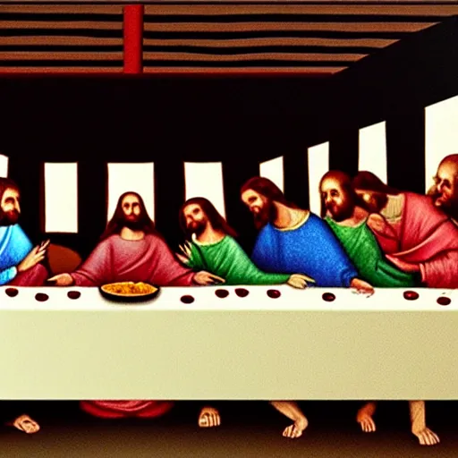 Image similar to The Last Supper but it's very creepy and distorted, dark color palette