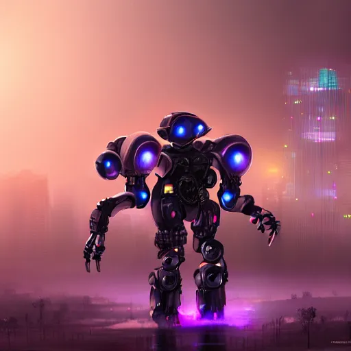 Image similar to a magnificent robot warrior with fog behind it, realistic, hyperrealistic, cyberpunk, colorful lighting, purple color, trending on art station, image of the day