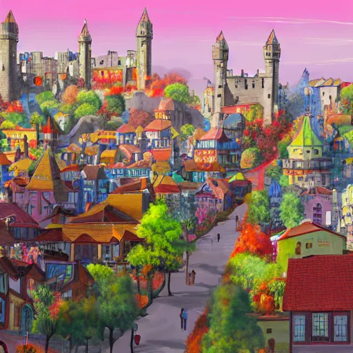 Prompt: vibrant fantasy capital city, in the foreground sprawling houses and shops with brightly colored banners lining the streets. in the background is a large stone castle with several tall spires. realistic, highly detailed painting concept art style