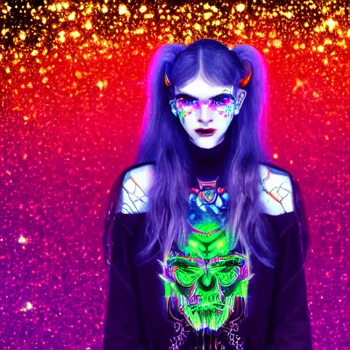 Prompt: a highly detailed symmetric wide shot of Grimes as the devil, sitting in a large glitter simulation with skulls and neon computer code, trending on artstationHD