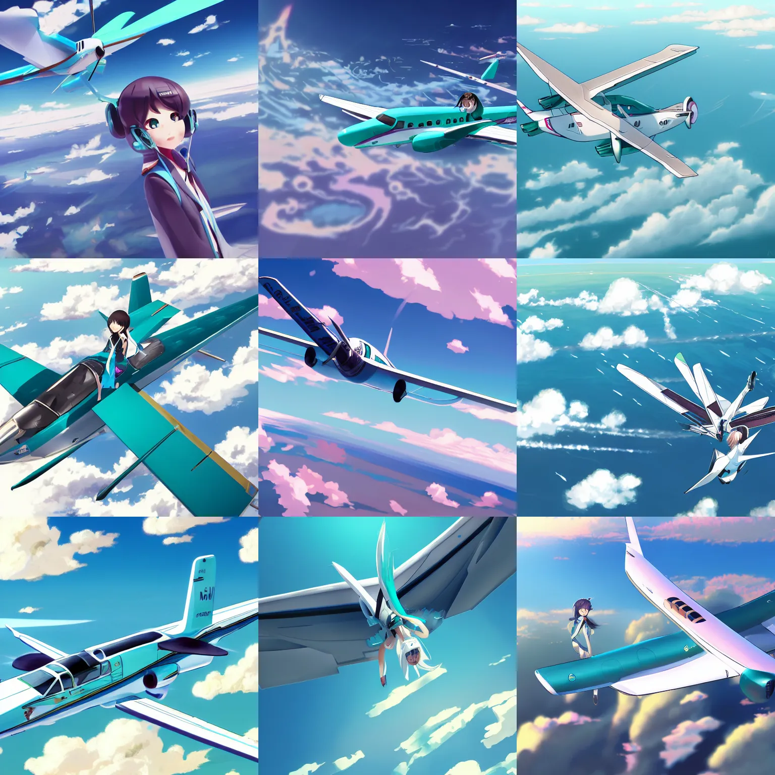 Prompt: Hatsune Miku flying a Cessna over a nice view, anime, Hatsune Miku, flying in the sky, beautiful senary, highly detailed, artstation