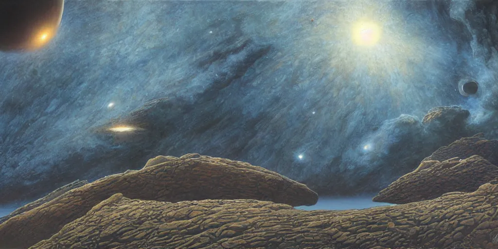 Prompt: Artwork by John Howe of the cinematic view of the Slow wave of the Astro-Asteroid System by John Howe.