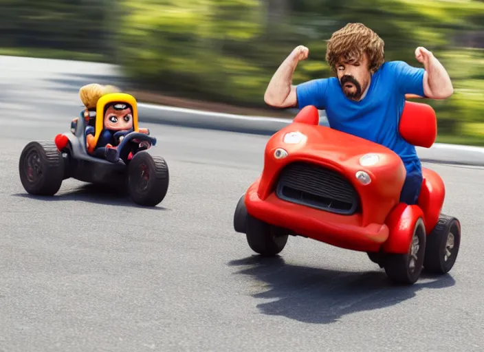 Prompt: peter dinklage mad driving a little tikes car, movie still, from the new fast and furious movie, 8 k, realistic