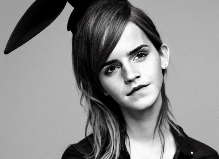 Image similar to photo portrait of emma watson with a funny hat, serious face, black and white, beautiful