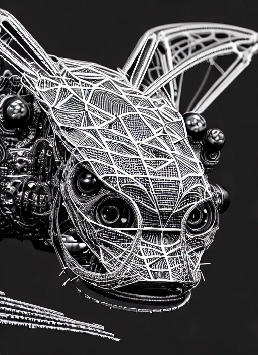 Image similar to a synthwave wireframe axolotl, face is made intricate tribal bio - mechanical, bw, unreal engine, glamor shot, nikon d 7 5 0, closeup, f / 2. 8, low contrast, 1 6 k, rim lighting, optical fiber, cinematic lighting, insanely detailed and intricate, hypermaximalist, elegant, ornate, hyper realistic,