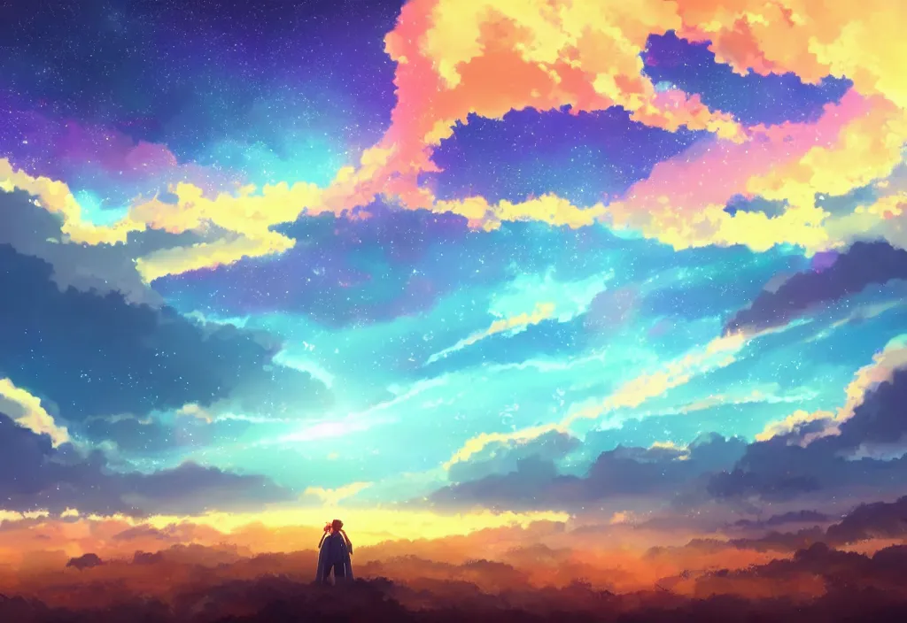 Image similar to breathtaking digital painting of the sky of kimi no na wa, by celestialfang, ghibli, pastel colors and shootign stars in northern light love,