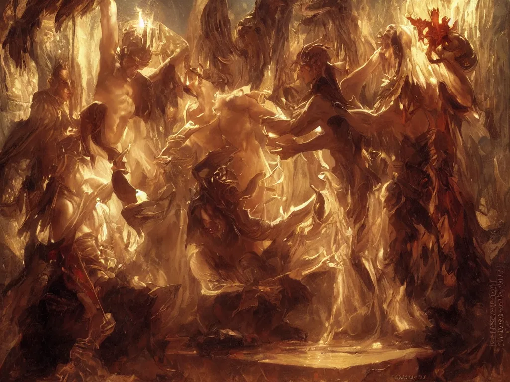 Image similar to attractive magician casts dark spell, summoning attractive lucifer morningstar. highly detailed painting by gaston bussiere, craig mullins, j. c. leyendecker 8 k