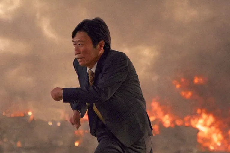 Image similar to cinematography action movie closeup portrait of a Japanese business man carrying his dog running from an explosion in Tokyo by Neil blomkamp