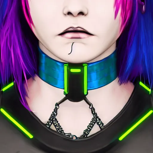 Image similar to detailed realistic cyberpunk female character cyberpunk wearing steel collar around neck, realistic, art, beautiful, 4K, collar, choker, collar around neck, punk, artstation, detailed, female, woman, choker, cyberpunk, neon, punk, collar, choker, collar around neck, thick collar, choker around neck, wearing choker, wearing collar, bright neon punk hair,