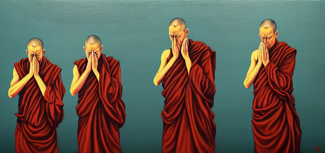 Prompt: dystopian surreal painting of monks praying