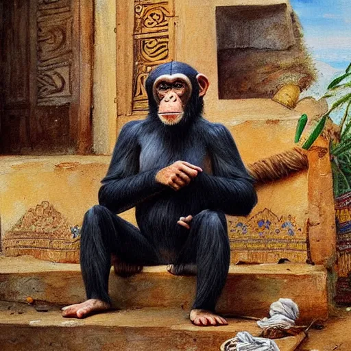 Image similar to beautiful painting by sophie anderson of a chimpanzee wearing traditional men kurdish clothes baggy pants and white shirt with a large sash tied around the waist in a kurdish village, award winning art, insanely detailed, bright colors, global illumination, cute, young, stunning