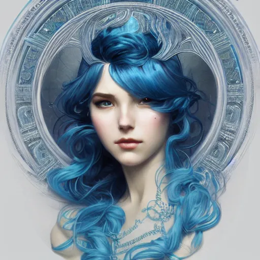 Image similar to goddess, blue hair, intricate, elegant, ethereal, highly detailed, retro, digital painting, artstation, concept art, smooth, sharp focus, full shot, illustration, art by artgerm and greg rutkowski and alphonse mucha