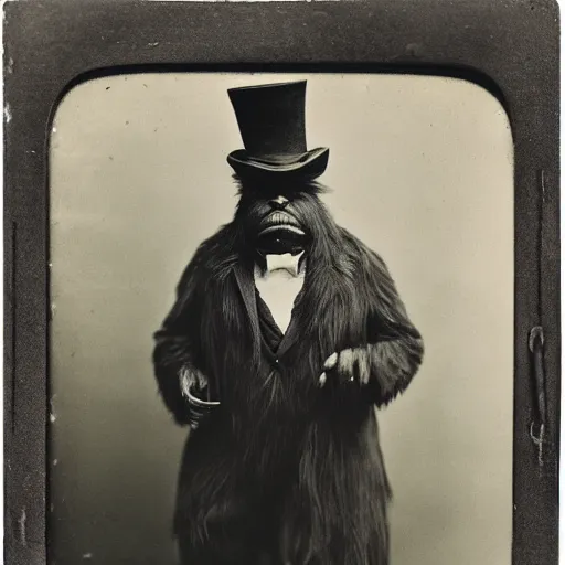 Image similar to a vintage wet plate portrait of a dignified bigfoot with a top hat and cane, extremely detailed, by james van der zee!!!!!!!!!!!!!!!!!!