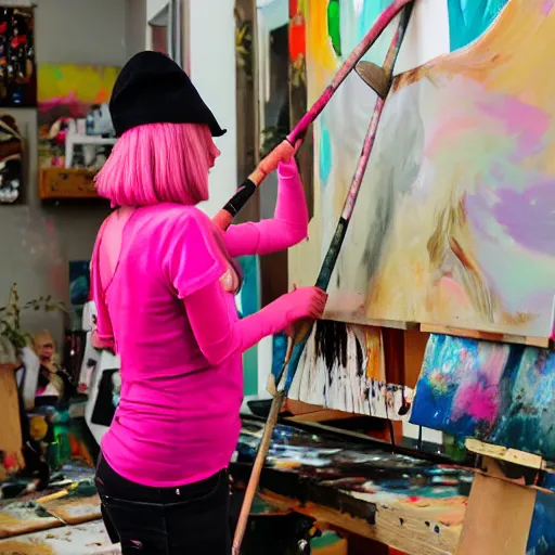 Image similar to surreal - a female artist (wearing pink hair and wearing black beret) swinging an ax with mad anger to cut a painting canvas in as paint flies throughout a dirty, dark art studio with paint cans on the floor and a computer in the corner