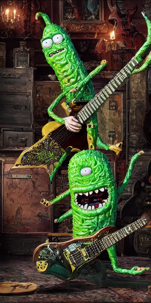Image similar to Pickle Rick playing a gothic guitar, highly detailed in 4k