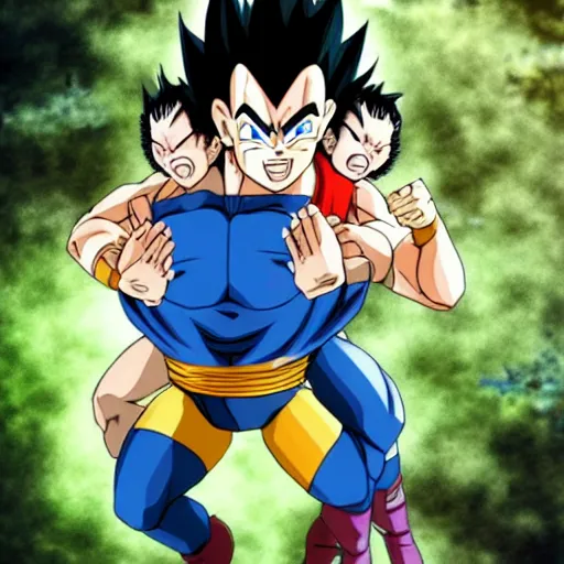 Prompt: Photorealistic Vegeta Giving Yamcha a piggyback ride