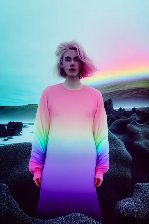 Image similar to high quality pastel coloured film close up wide angle photograph of a model wearing clothing swimming on cloud furniture in a icelandic black rock!! environment in a partially haze filled dreamstate world. three point light, rainbow. photographic production. art directed. pastel colours. volumetric clouds. pastel gradient overlay. waves glitch artefacts. extreme facial clarity. 8 k. filmic.