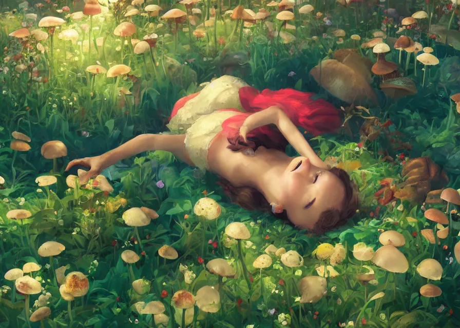 Image similar to painting of A woman laying in a sea of flora from super mario brothers, mushroom kingdom theme, trending on ArtStation, masterpiece, by Greg Rutkowski, by Ross Tran, by Fenghua Zhong, octane, clear eyes, soft render, clear facial features, oil on canvas, moody lighting, cinematic, professional environment concept art