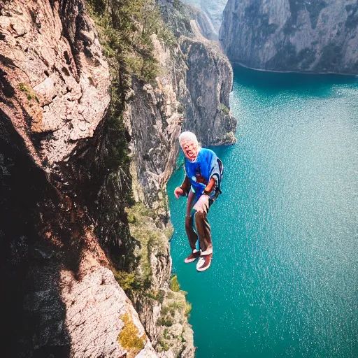 Prompt: elderly man base jumping from a cliff, smiling, happy, cliff, base jumping, parachute, nature, canon eos r 3, f / 1. 4, iso 2 0 0, 1 / 1 6 0 s, 8 k, raw, unedited, symmetrical balance, wide angle