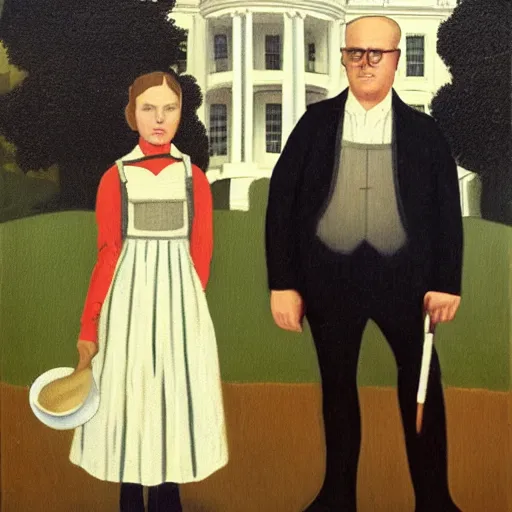 Image similar to an oil painting of a farmer standing beside his daughter in front of a white house. The woman wears a colonial print apron. The man wears overalls covered by a dark suit jacket and he carries a pitchfork. By Grant Wood, 1930.