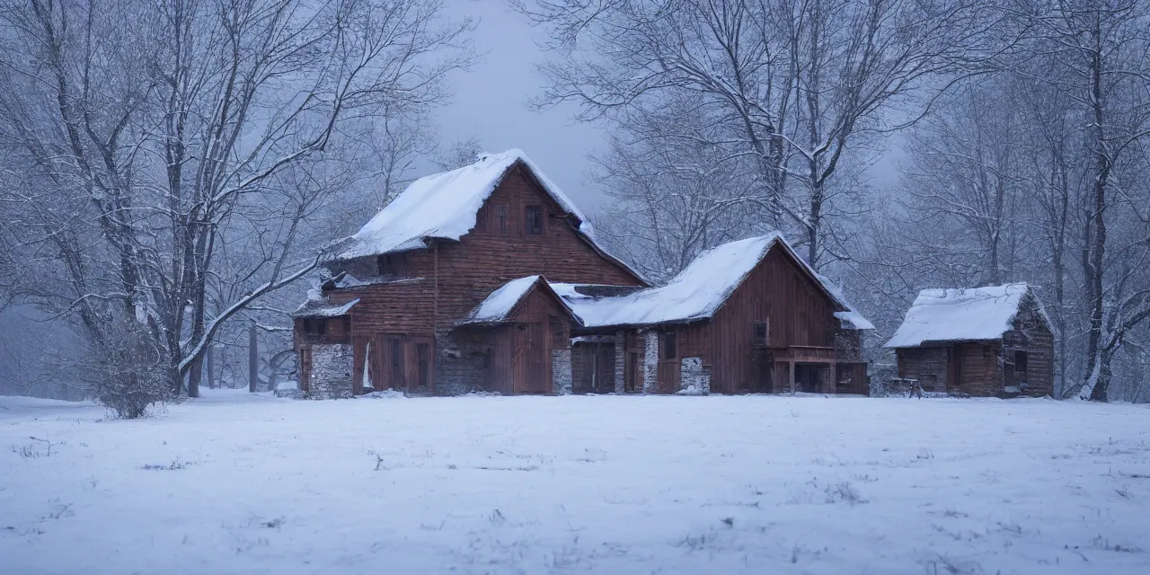 Prompt: blizzard with cottage in clearing obscured by snow, the windows are lit, 4k, realistic, cinematic