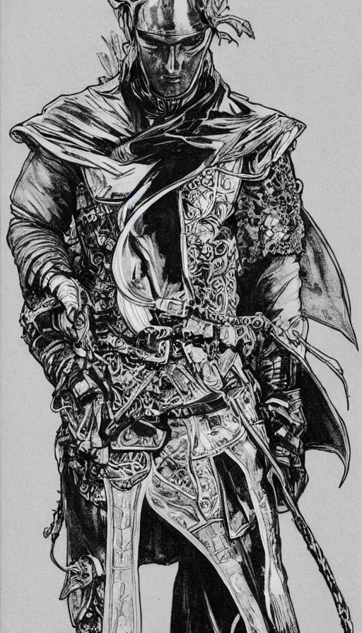 Prompt: a black and white ink fine ink drawing of a thief, from of thrones, in leather armor, fibonacci, sweat drops, intricate fashion clothing, concept art, smooth, sharp focus, illustration, art by alphonse mucha and travis charest