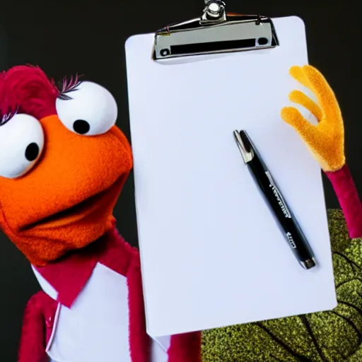 Image similar to skeeter the Muppet holding a clipboard