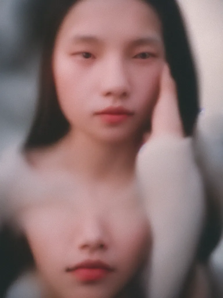 Image similar to close-up photographic portrait of a woman’s face, captured in low light, soft focus, the woman’s features are slightly blurred, Cinestill 800t,