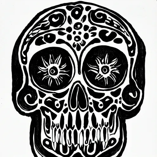 Image similar to baroque skull in the style of the Voynich manuscript outline tattoo design, black ink on white paper