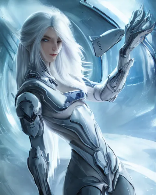 Image similar to perfect white haired girl, warframe armor, beautiful, dreamy, pretty face, blue eyes, portrait, detailed, bright light, scifi, amazing, utopian architecture in the background, laboratory, 4 k, ultra realistic, aura of light, cinematic, high detail, masterpiece, art by akihito tsukushi, akasuki brightmind