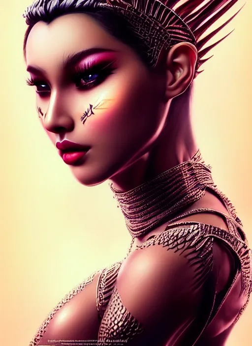 Image similar to portrait of amazon princess, zoid, intricate, sharp focus, octane render, realistic, detailed, beautiful, unreal engine, symmetrical!!, maybelline, sephora, loreal, artstation, art by artgerm, rossdraws, art by karol bak, makeup by pat mcgrath, cinematic, concept art, filmic, vsco