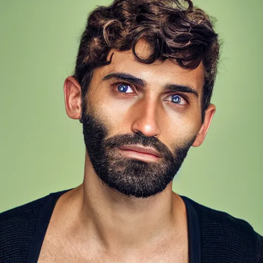 Prompt: the diamond shaped face of a lightly tanned, young and handsome man is looking directly at the camera. He has short blonde curly hair, aquiline nose, full black beard, thick full lips, dark green eyes, freckles. Portrait photography in the style of annie leibovitz, 8k portrait photograph.